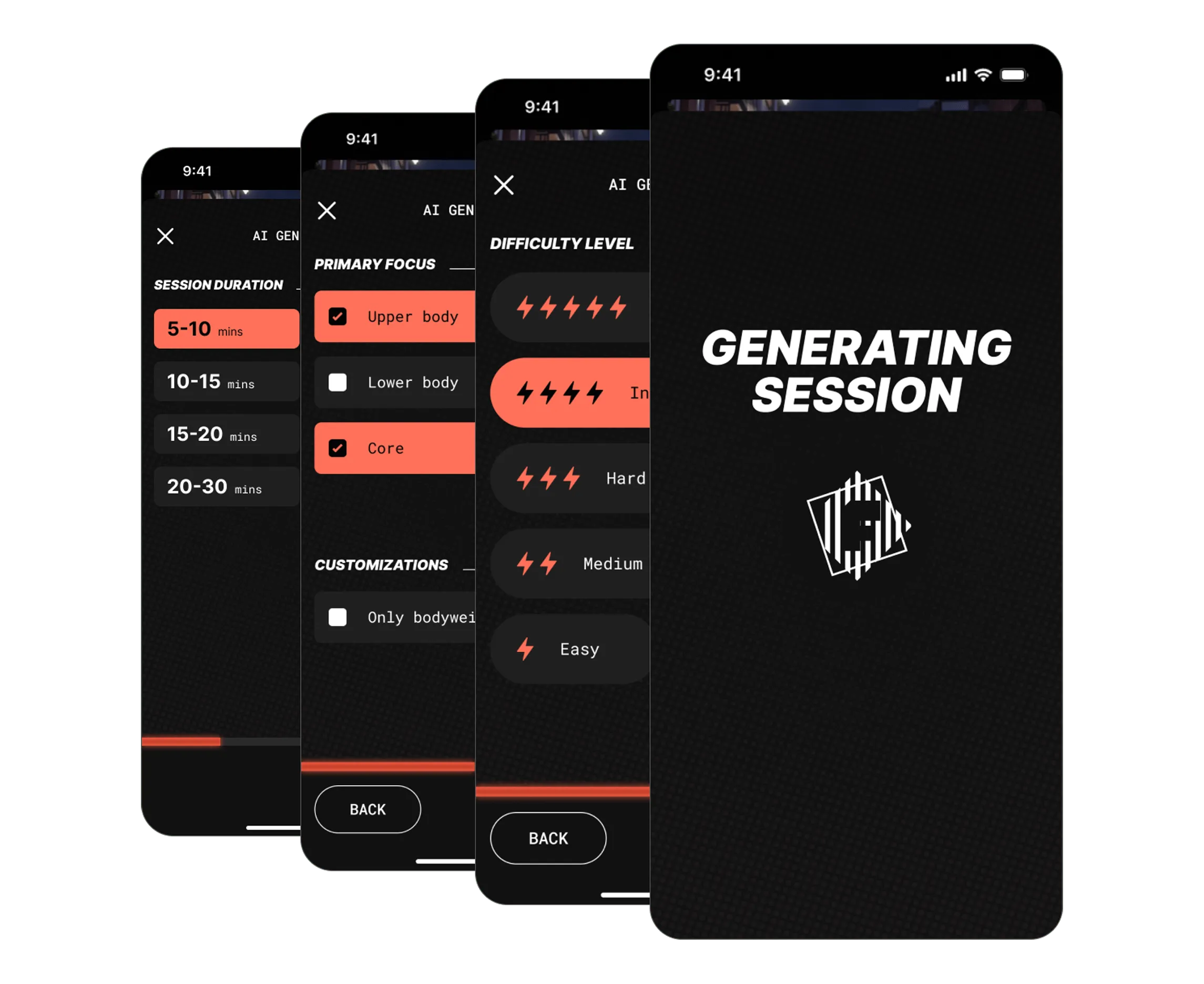 Four overlapping screens showing the session generation process